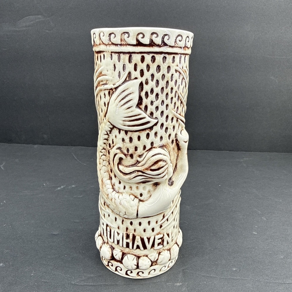 Tiki Rob Rum Haven Tiki Mug Mermaid Siren White Glazed Raised Relief Ocean 7"